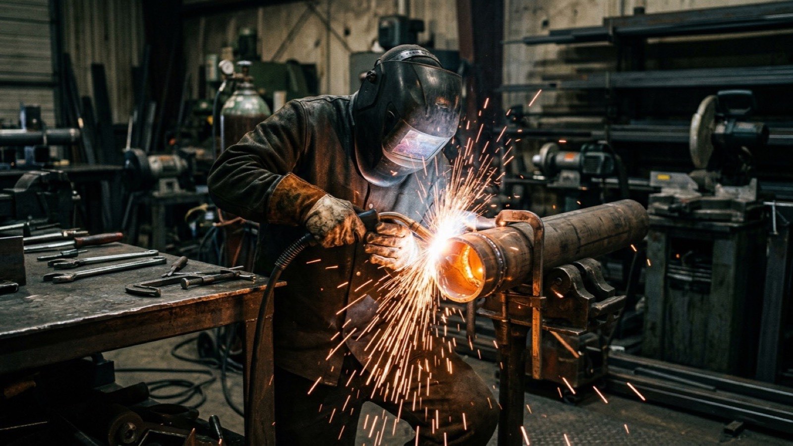 Illustrative scene of a welder working on a steel pipe joint with sparks