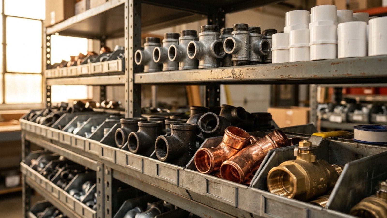 Illustrative close-up of pipe fittings and valves on shelves